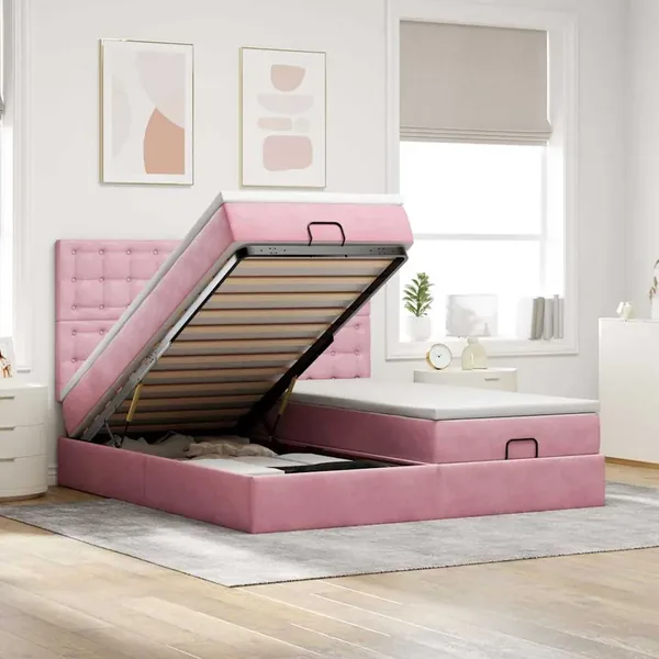 Cadre de lit ottoman avec matelas rose 160x200 cm velours