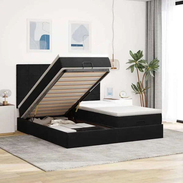 Cadre de lit ottoman avec matelas noir 180x200cm velours