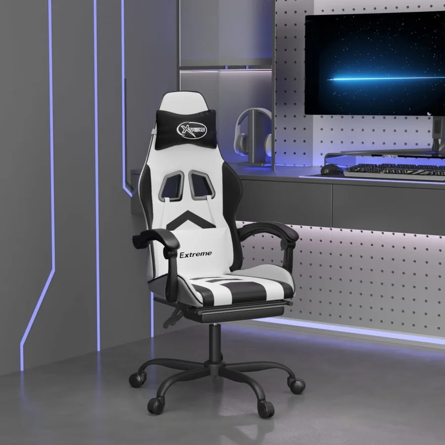 Chaise de jeu avec repose-pied Blanc et noir Similicuir