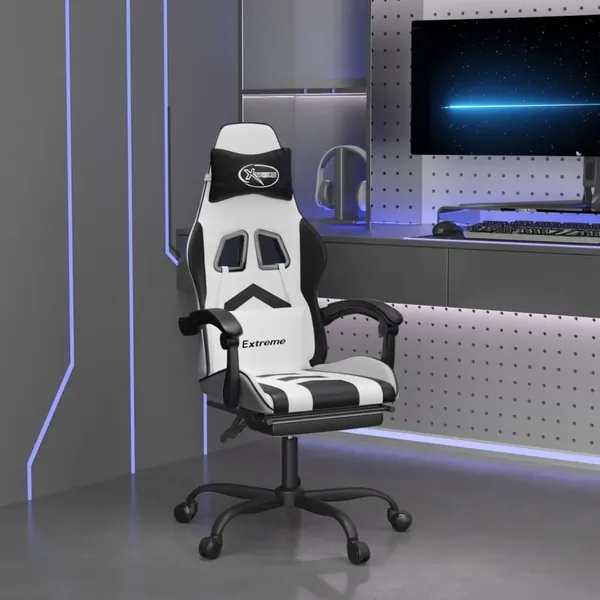 Chaise de jeu avec repose-pied Blanc et noir Similicuir