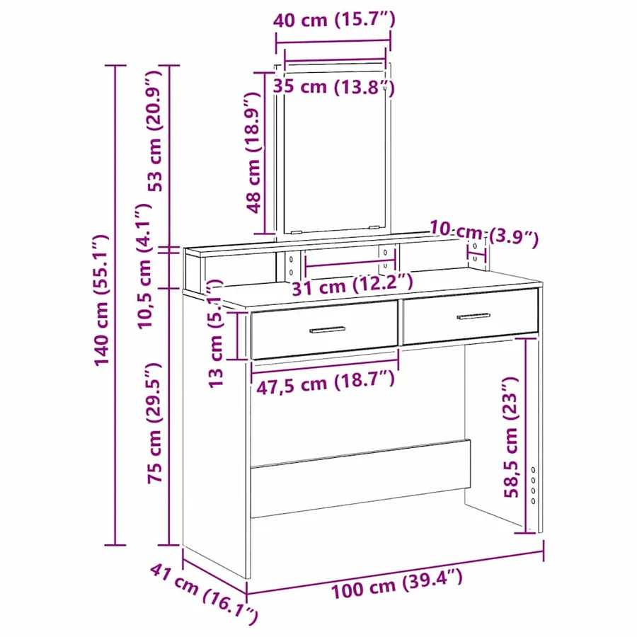 Table de Toilette avec tiroir Gris Sonoma 100 x 41 x 140 cm - 12