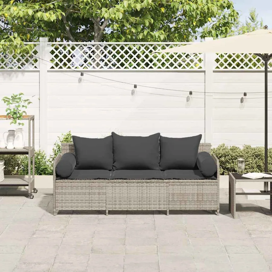 Canapé de jardin et coussins 3 places gris clair résine tressée - 3