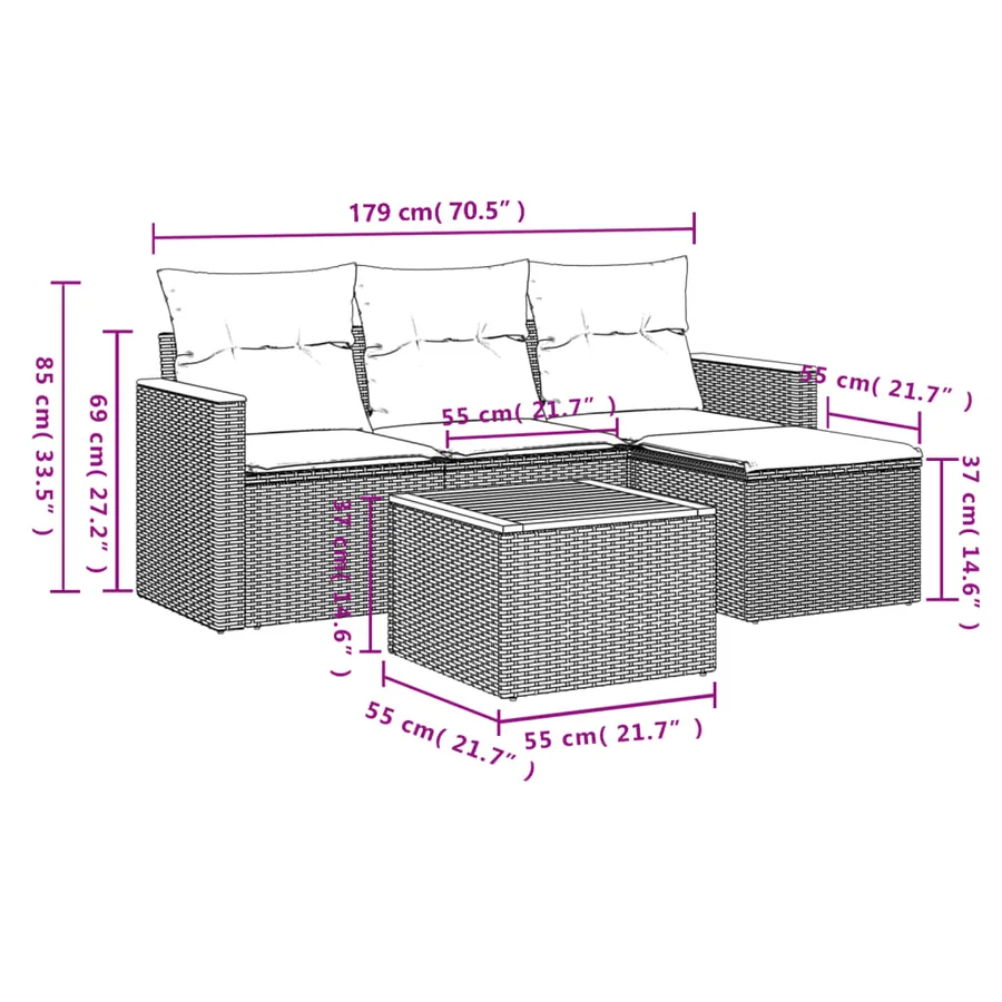 Ensemble de canapé de jardin 5 pcs avec coussins noir résine tressée - 9