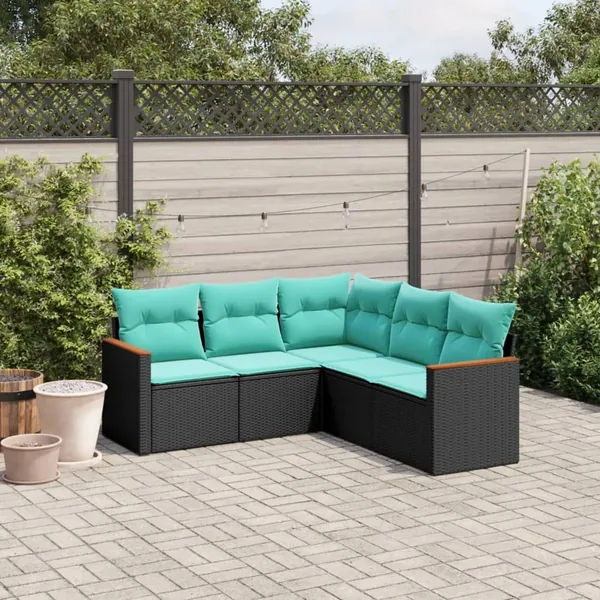 Salon de jardin 5 pcs avec coussins noir résine tressée