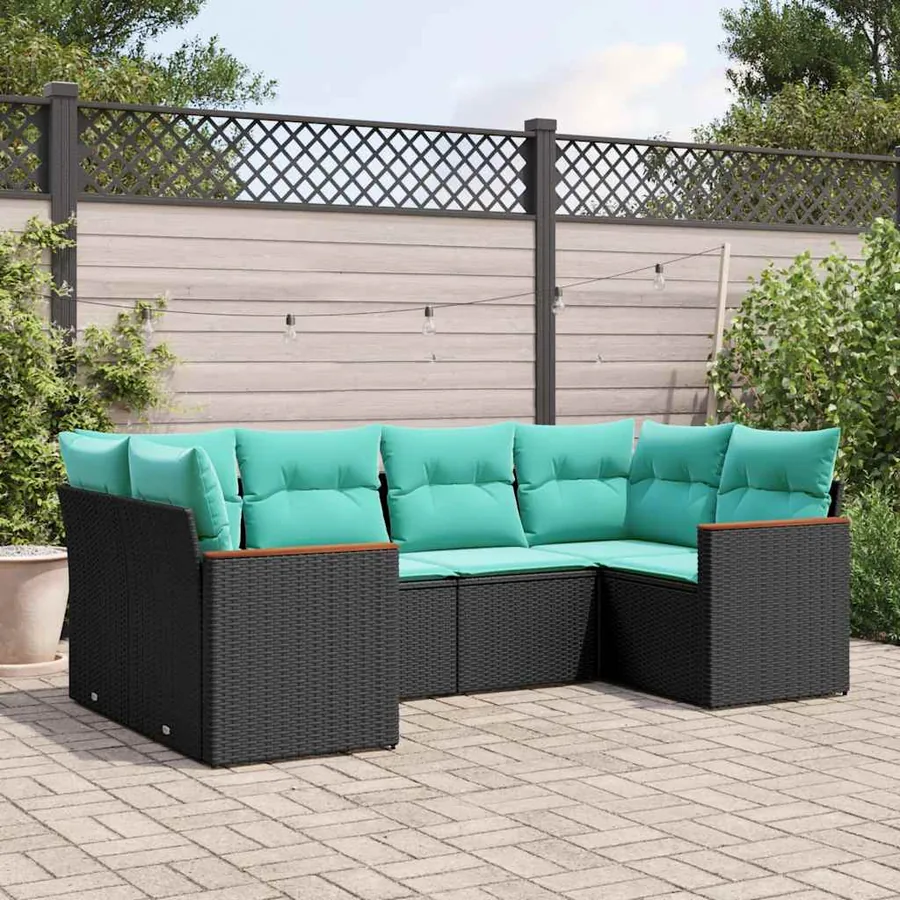 Salon de jardin 6 pcs avec coussins noir résine tressée
