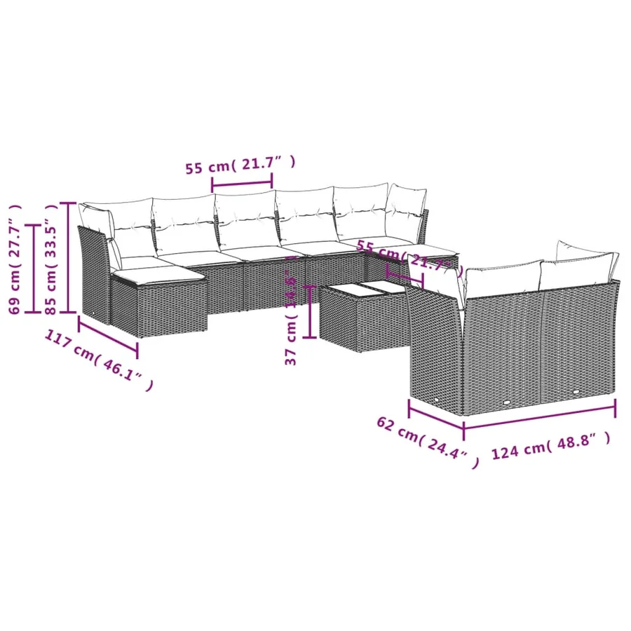 Ensemble de canapé de jardin 10 pcs avec coussins noir résine tressée - 8