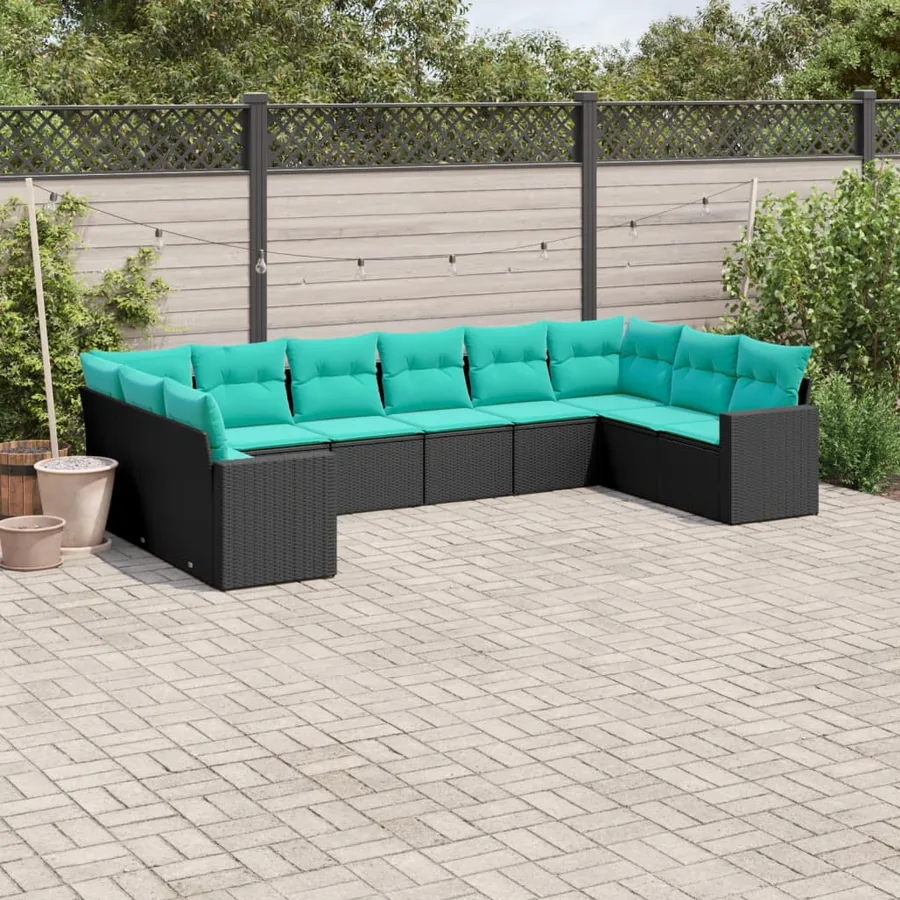 Salon de jardin 10 pcs avec coussins noir résine tressée