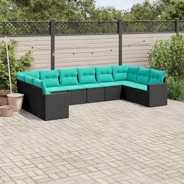 Salon de jardin 10 pcs avec coussins noir résine tressée