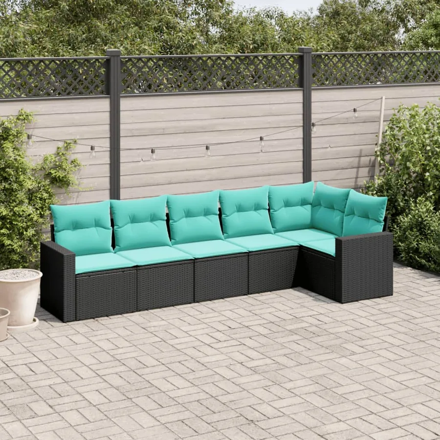 Salon de jardin 6 pcs avec coussins noir résine tressée