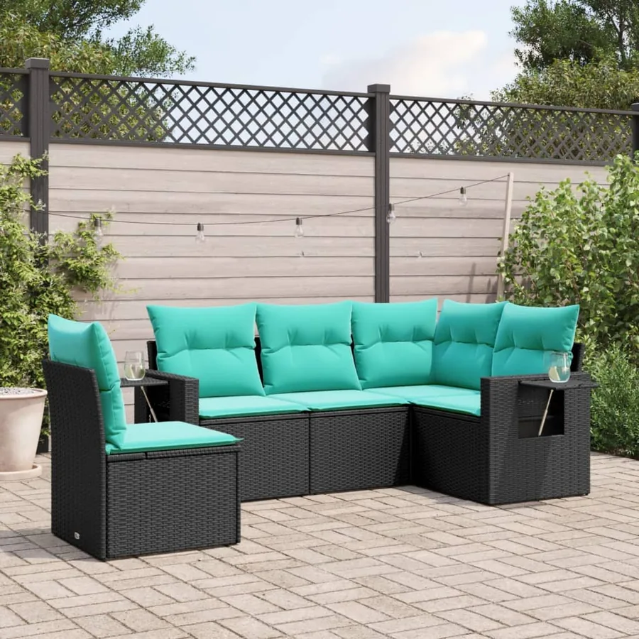 Salon de jardin 5 pcs avec coussins noir résine tressée