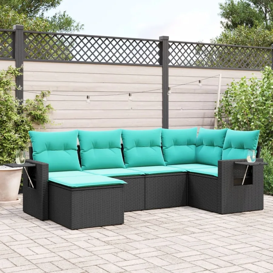 Salon de jardin 6 pcs avec coussins noir résine tressée