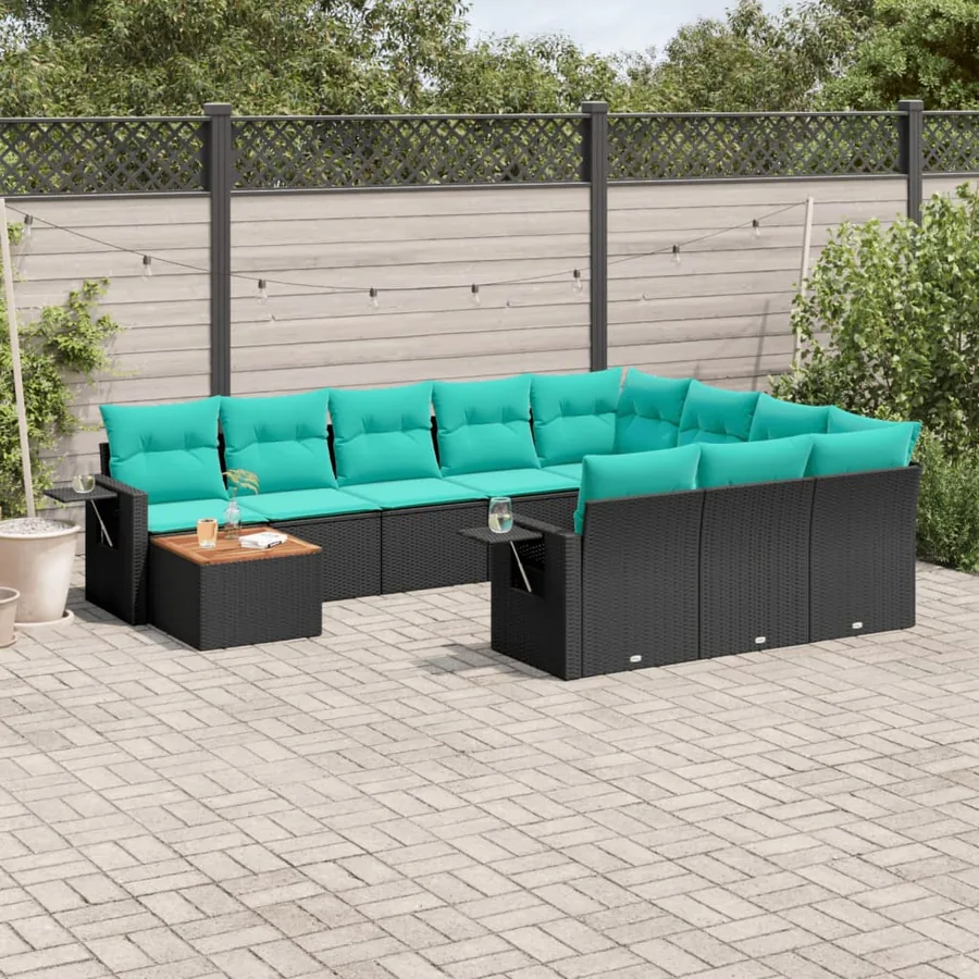 Ensemble de canapé de jardin 11 pcs avec coussins noir résine tressée