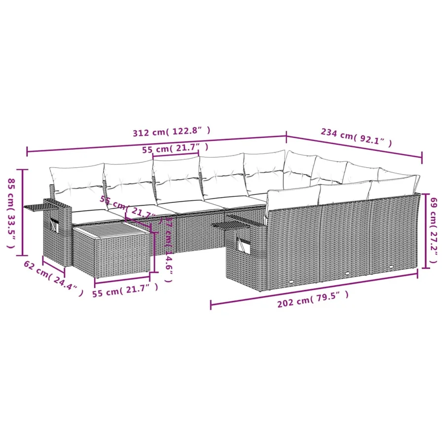 Ensemble de canapé de jardin 11 pcs avec coussins noir résine tressée - 9