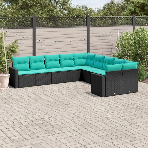 Salon de jardin 10 pcs avec coussins noir résine tressée