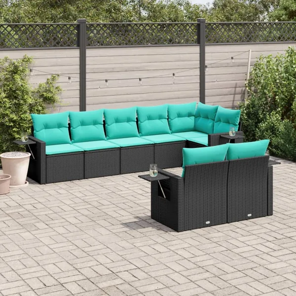 Salon de jardin 8 pcs avec coussins noir résine tressée