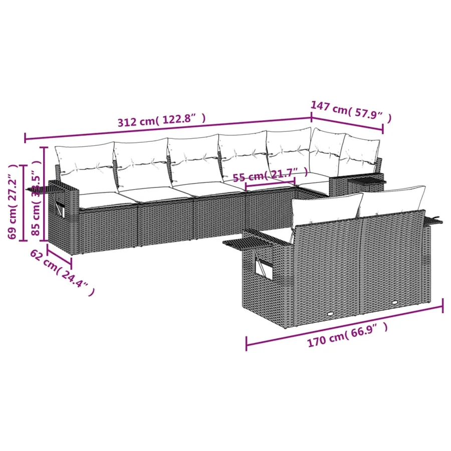 Salon de jardin 8 pcs avec coussins noir résine tressée - 8