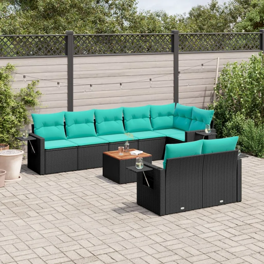 Ensemble de canapé de jardin 9 pcs avec coussins noir résine tressée