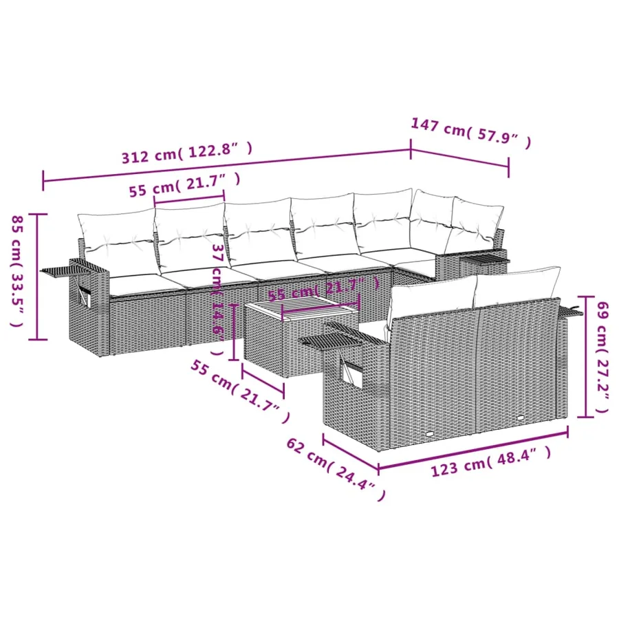 Ensemble de canapé de jardin 9 pcs avec coussins noir résine tressée - 9