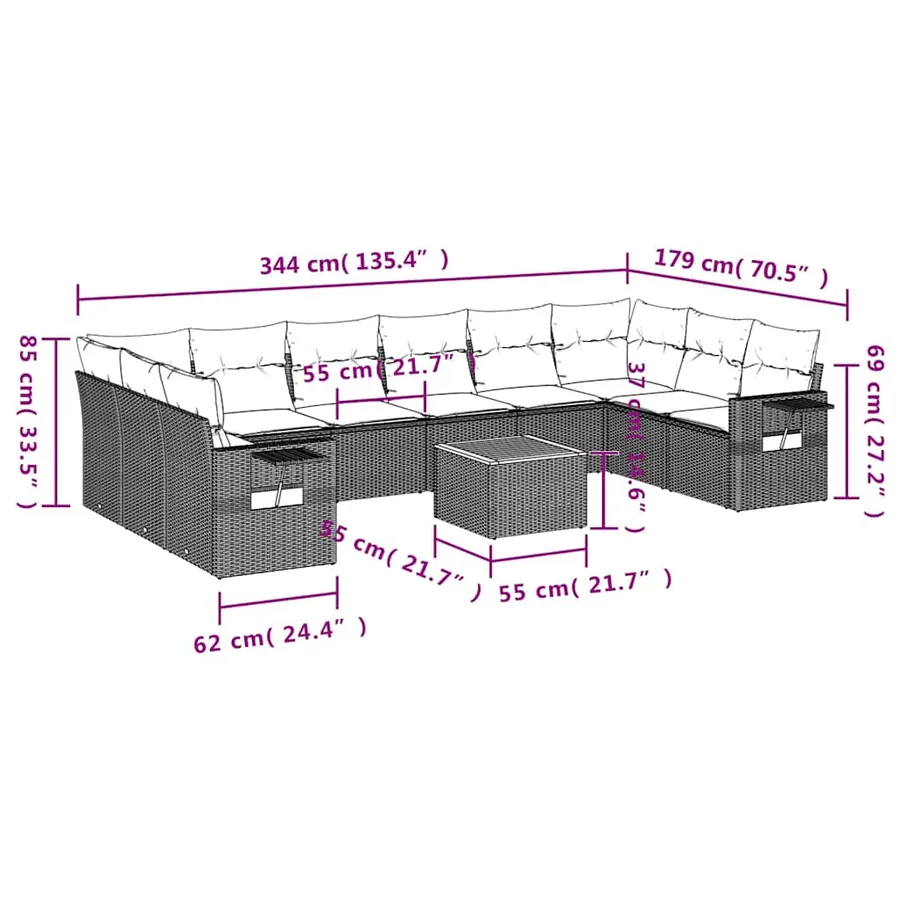 Ensemble de canapé de jardin 11 pcs avec coussins noir résine tressée - 9
