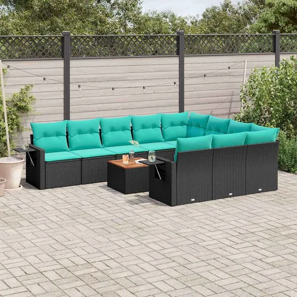 Ensemble de canapé de jardin 11 pcs avec coussins noir résine tressée