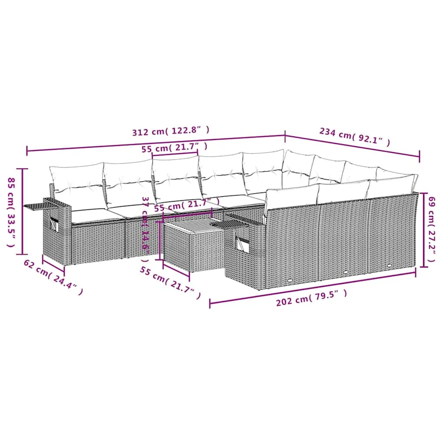 Ensemble de canapé de jardin 11 pcs avec coussins noir résine tressée - 9
