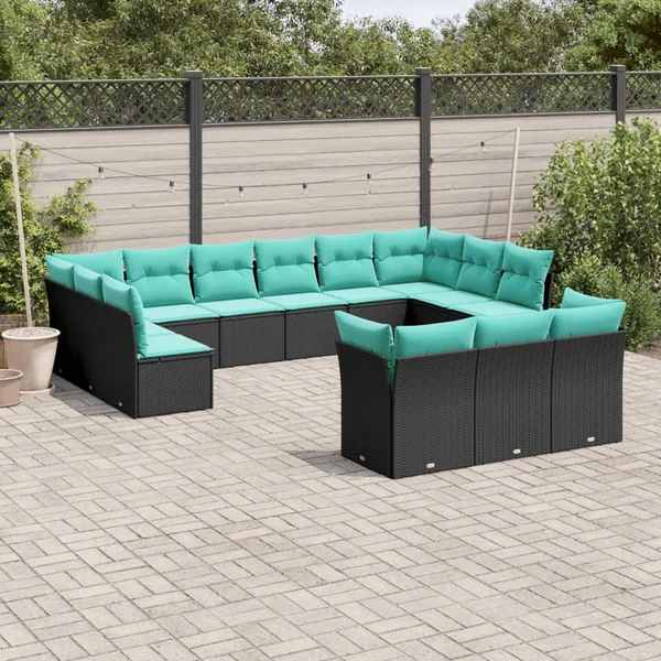Salon de jardin avec coussins 13 pcs noir résine tressée
