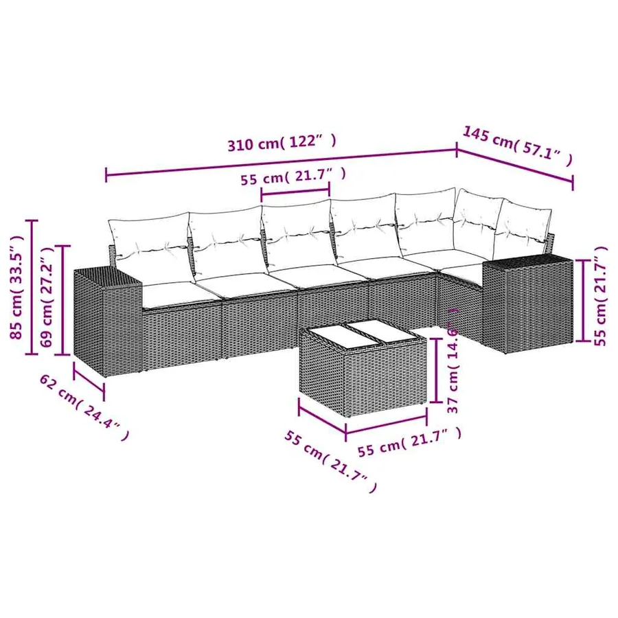 Ensemble de canapé de jardin 7 pcs avec coussins noir résine tressée - 8