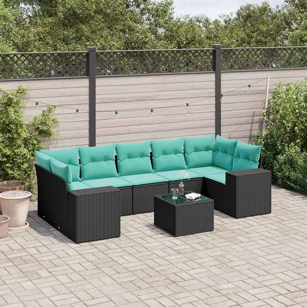 Ensemble de canapé de jardin 8 pcs avec coussins noir résine tressée