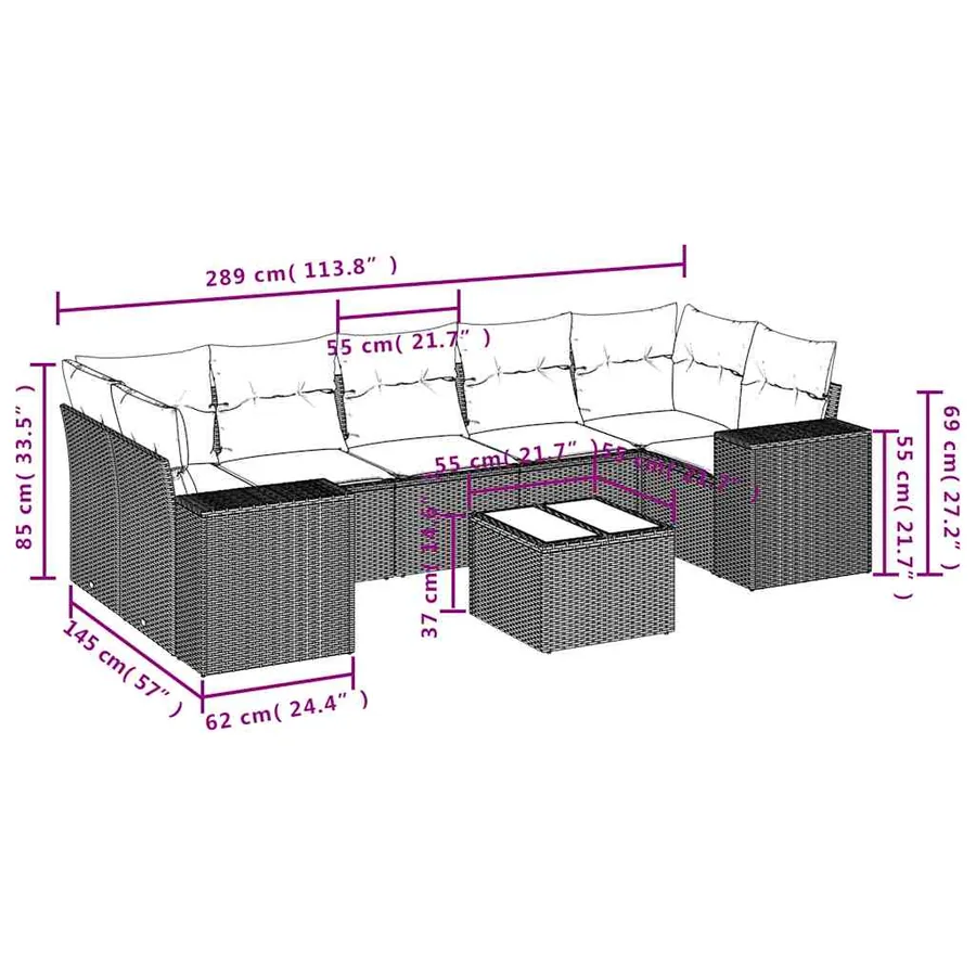 Ensemble de canapé de jardin 8 pcs avec coussins noir résine tressée - 8