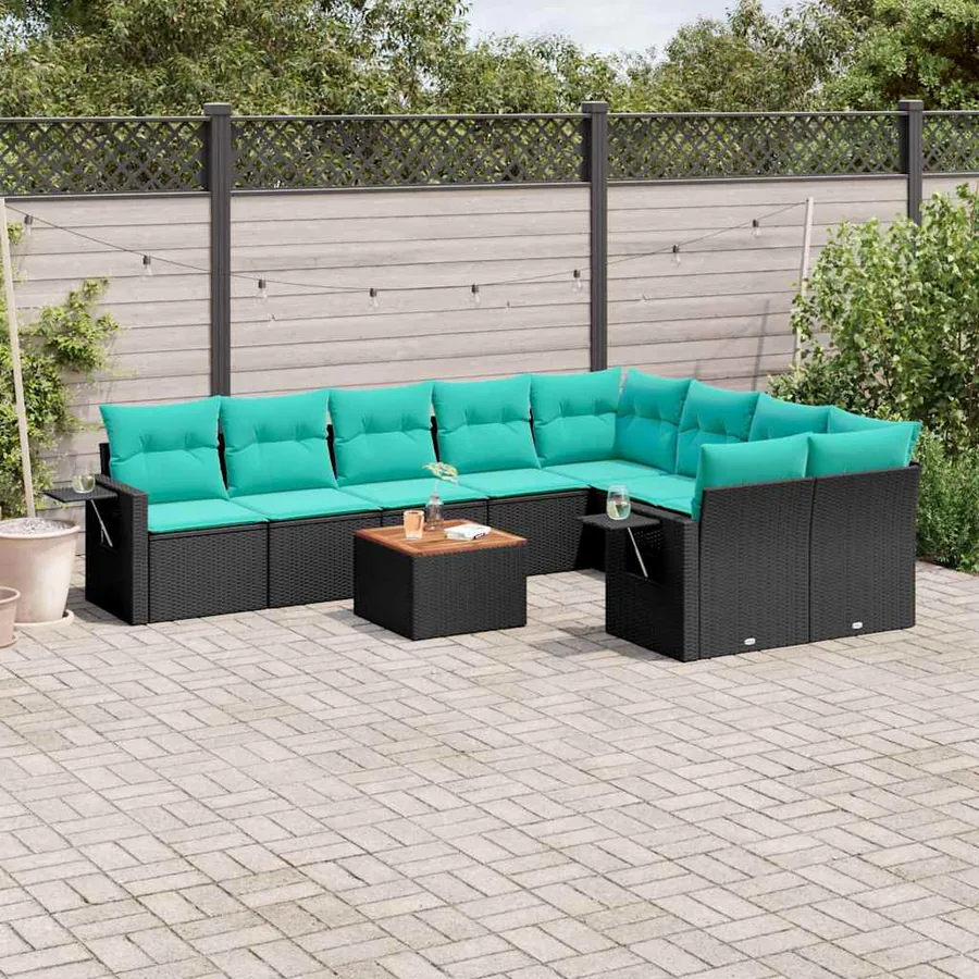 Ensemble de canapé de jardin 10 pcs avec coussins noir résine tressée