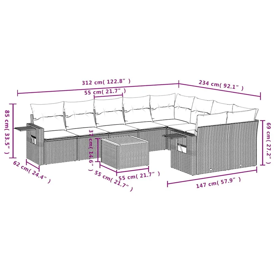 Ensemble de canapé de jardin 10 pcs avec coussins noir résine tressée - 9