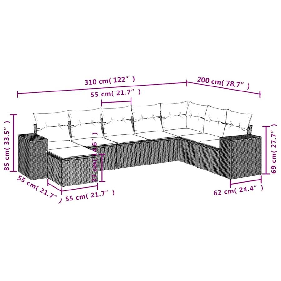 Salon de jardin 8 pcs avec coussins noir résine tressée - 8