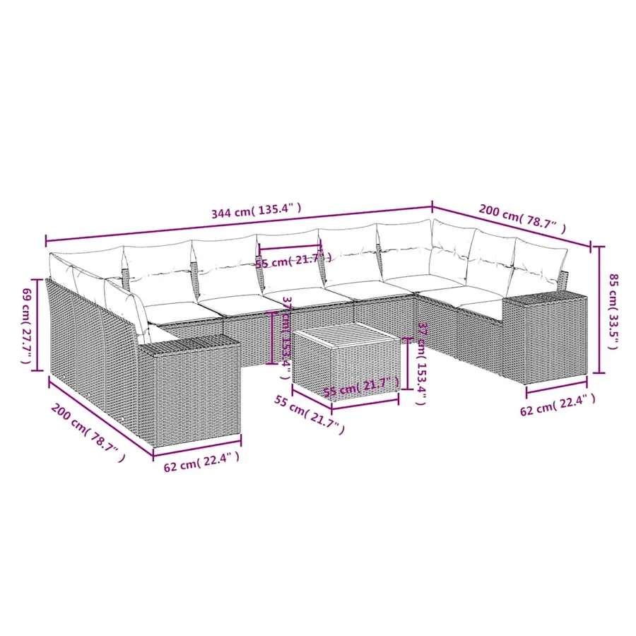 Ensemble de canapé de jardin 11 pcs avec coussins noir résine tressée - 8