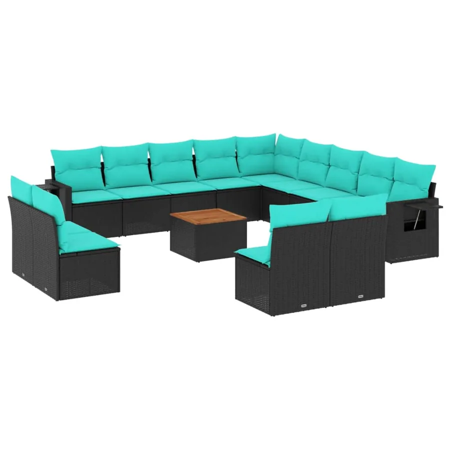 Ensemble de canapé de jardin 14 pcs avec coussins noir résine tressée - 2