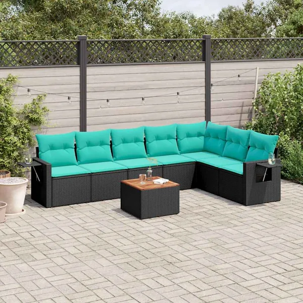 Ensemble de canapé de jardin 8 pcs avec coussins noir résine tressée