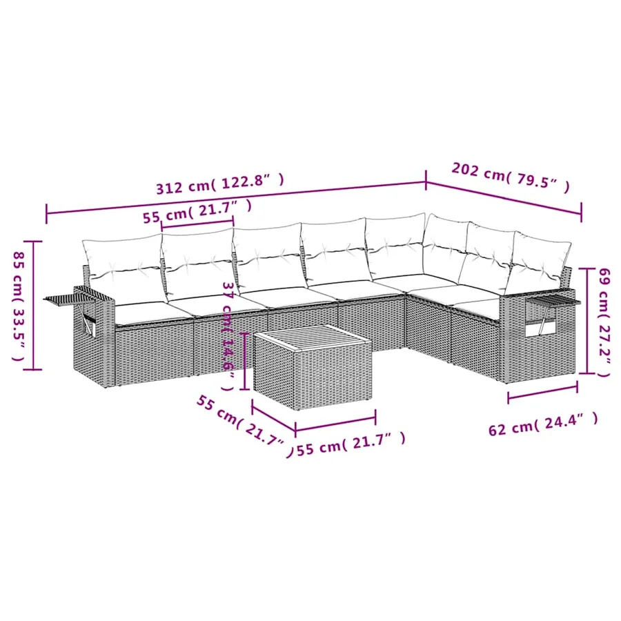 Ensemble de canapé de jardin 8 pcs avec coussins noir résine tressée - 9