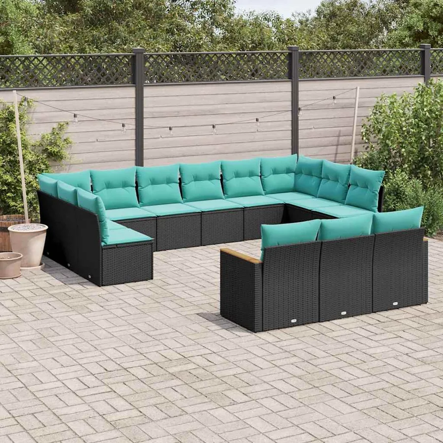 Salon de jardin avec coussins 13 pcs noir résine tressée