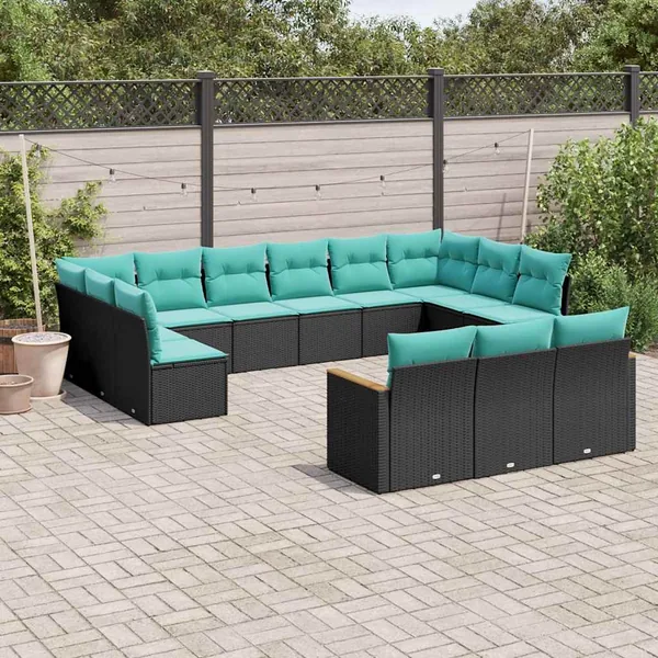 Salon de jardin avec coussins 13 pcs noir résine tressée