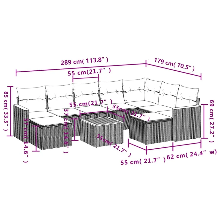Ensemble de canapé de jardin 10 pcs avec coussins noir résine tressée - 9