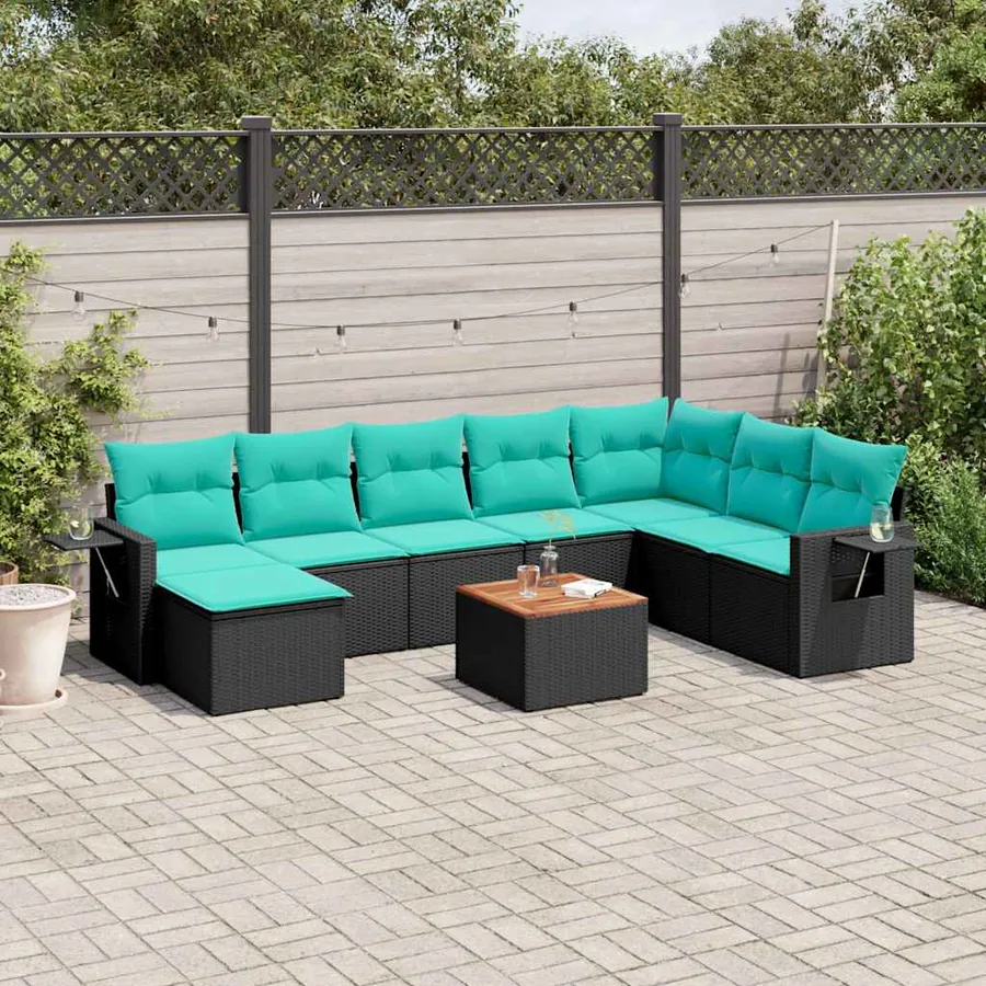 Ensemble de canapé de jardin 9 pcs avec coussins noir résine tressée