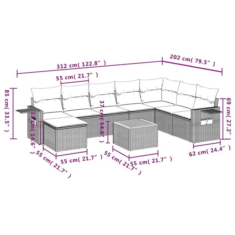 Ensemble de canapé de jardin 9 pcs avec coussins noir résine tressée - 10