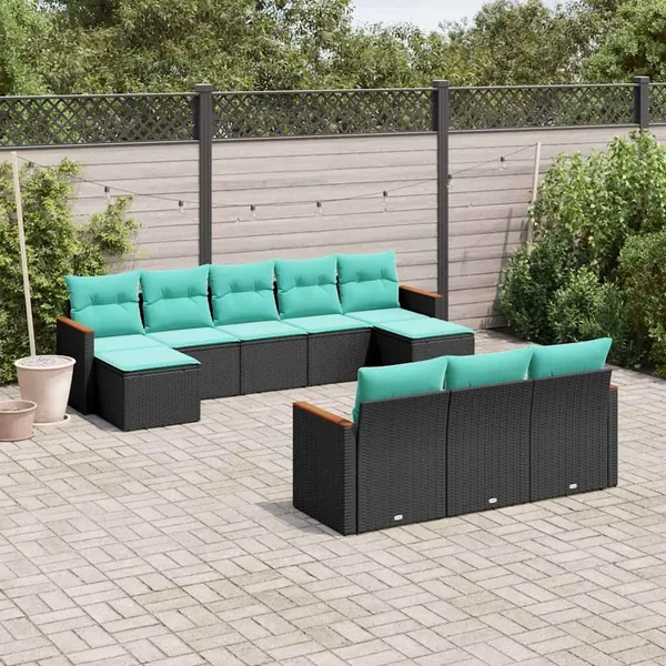 Salon de jardin 10 pcs avec coussins noir résine tressée