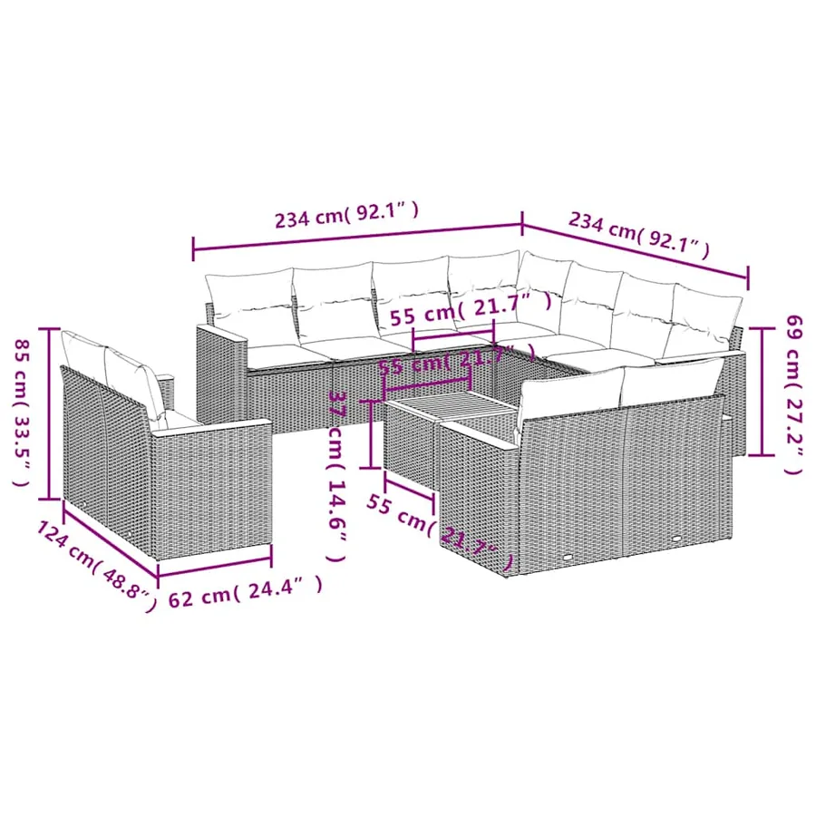 Ensemble de canapé de jardin 12 pcs avec coussins noir résine tressée - 8