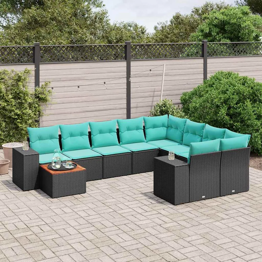 Ensemble de canapé de jardin 10 pcs avec coussins noir résine tressée