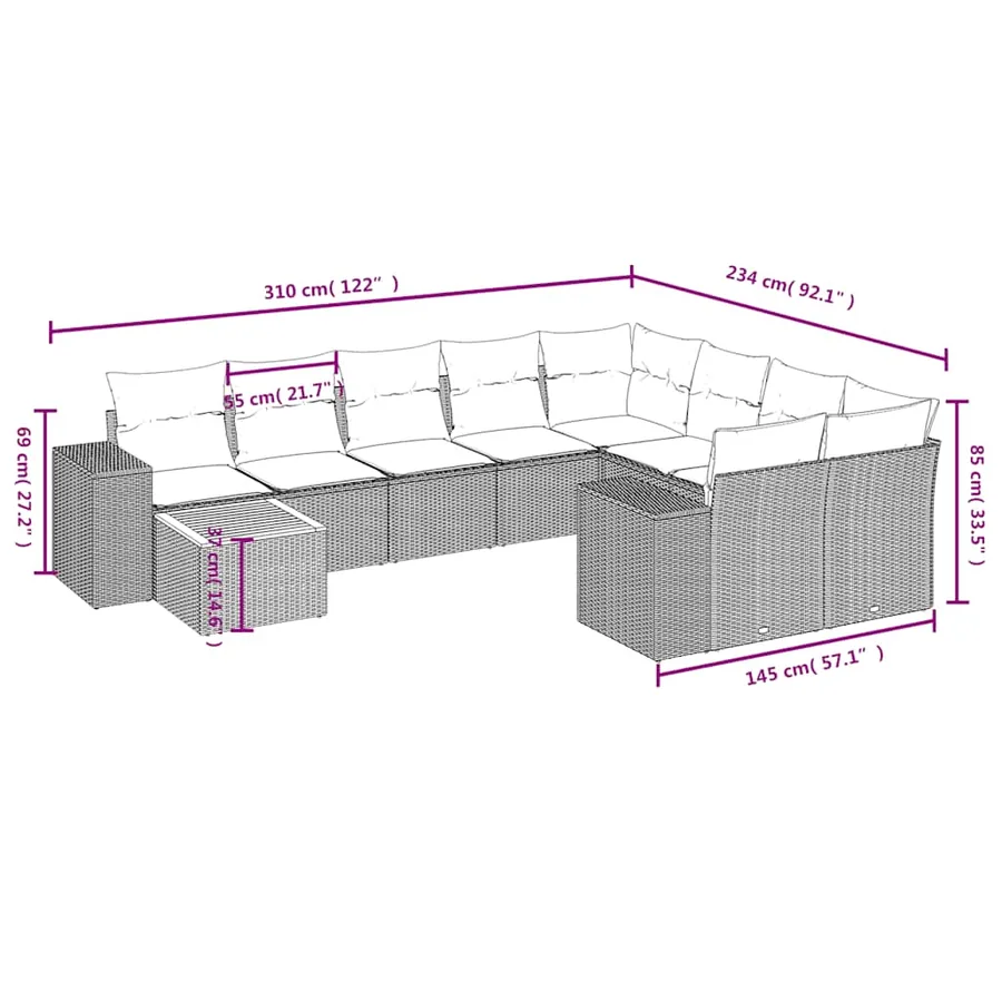 Ensemble de canapé de jardin 10 pcs avec coussins noir résine tressée - 8