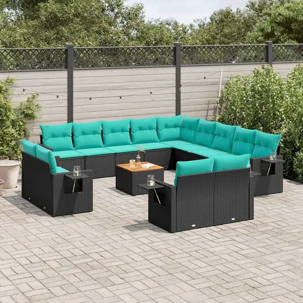 Ensemble de canapé de jardin 14 pcs avec coussins noir résine tressée