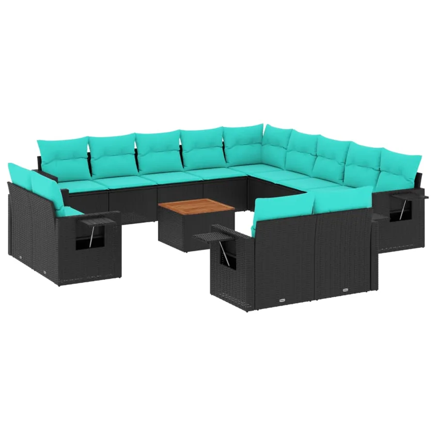 Ensemble de canapé de jardin 14 pcs avec coussins noir résine tressée - 2