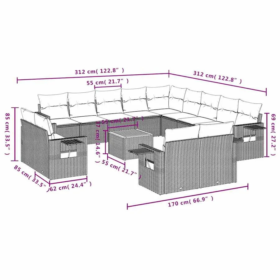 Ensemble de canapé de jardin 14 pcs avec coussins noir résine tressée - 9
