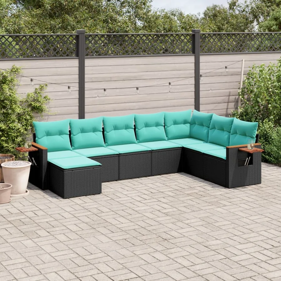 Salon de jardin 8 pcs avec coussins noir résine tressée