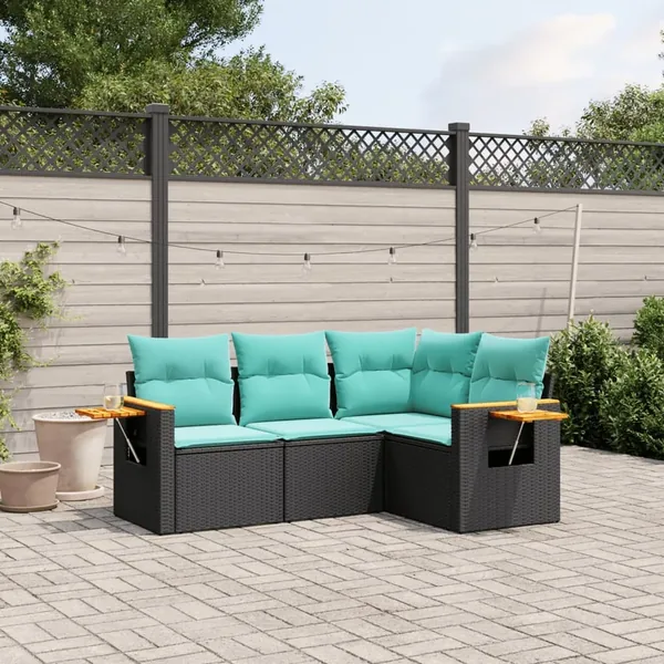 Salon de jardin 4 pcs avec coussins noir résine tressée